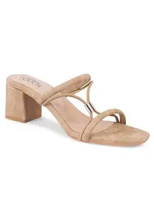 Shuz Touch Beige Strappy Denim Heels | Size : 3.5