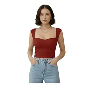 TIVANTE Solid Ribbed Sweetheart Neck Western Stylish Crop Top for Women