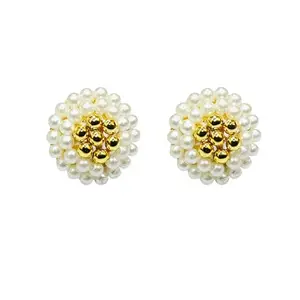 Beauty Allure White and Golden beaded Moti Studs for Women and Girls Earings