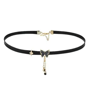 El Regalo Western Cubic Zirconia Butterfly Tassel Choker Necklace for Girls/Women- Black Faux Leather Collar Necklace with Butterfly