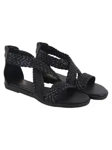 Shoetopia Women's Black Braided Gladiator Flat Sandals – Comfortable Casual Summer Stylish Sandals with Back Zip Closure EU41