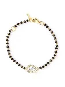 MINUTIAE Adjustable Stylish Round Black Beads Mangalsutra Brass Bracelet for Women (Gold)