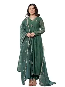 Aspora Women's Chinnon Embroidered Peplum Kurta with Sharara and Dupatta Set | Elegant V-Neck 3-Piece Ethnic Suit with Intricate Mirror Work Embroidery