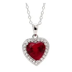 Ornate Jewels 925 Sterling Silver Red Ruby and AAA Grade American Diamond Love Heart Pendant Necklace with 18 Inch Chain for Women and Girls Wedding Jewellery