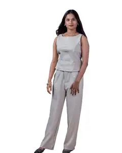 Women's Professional Two-Piece Set, Sleeveless Top with Wide-Leg Trousers, Light Grey, Formal Business Attire