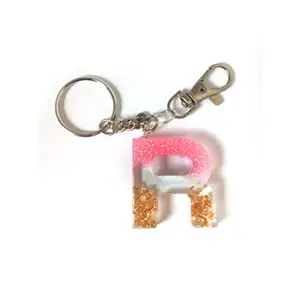 "R" Letter / Alphabets Handmade Resin Keychain by LFF by Soniya Themed in Dried Natural Flowers / Glitters /Stones / Gold-Silver-Copper Flakes Filled for Men and Women - Letter "R" (Design#12)