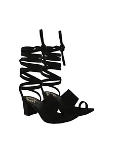 Shoetopia Suede Black Block Heeled Sandals For Women & Girls /UK7-EU40