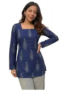 ANNI Designer Women’s Viscose Blend Printed Short Kurti | Straight Fit Casual Ethnic Top | Square Neck 3/4 Sleeve Kurta Office College