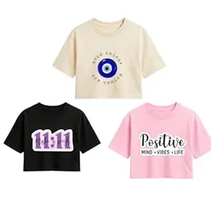 CRT ENTERPRISES Women Printed Crop Top Pack of 3 | Positive Quote & Graphic Design | Soft Cotton Casual Crop T-Shirts for Girls & Women