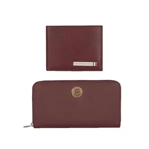 Tommy Hilfiger Yeamans Unisex Leather Gift Set Inclued Mens Passcase Wallet Burgundy Color and Womens Zip Around Wallet Wine Color