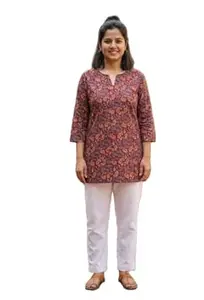 JIVAS COLLECTIVES Women’s Pure Katha Cotton & Cotton Floral Print Kurti | Short Tunic Top for Women | Round V-Neck 3/4 Sleeve Ethnic Kurti for Daily & Casual Wear