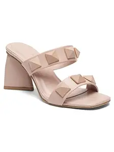 Bruno Manetti women's Nude Slipon Back Open Square Toe with Upper Triangle Studs Comfort Heel's