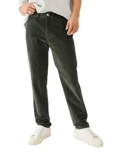 The Souled Store Olive Green Men and Boys Buttoned Regular Fit Cotton Blend Corduroy Pants
