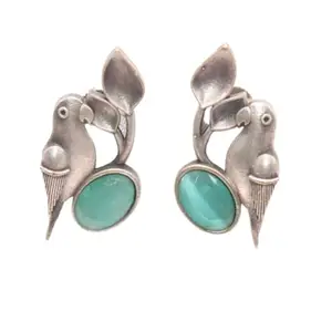 Navraee Ethnic Oxidised Silver Plated Brass Bird Pattern With Oval Stone Studs-Turquoise Green