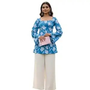 SANGOURI Women Pure Cotton Floral Printed Short Kurti | Square Neck | Full Sleeves | Stylish Ethnic Kurta | Back Tie-Up | Casual Wear Kurta