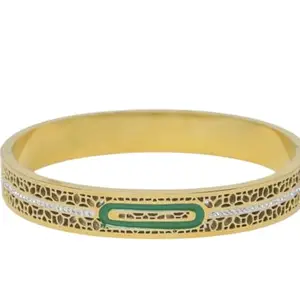 Elegant Gold-Plated Bangle Bracelet with Green Enamel, Crystal Accents, Filigree Pattern