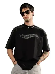 The Souled Store Hot Wheels: Men and Boys Short Sleeve Round Neck Blue Graphic Printed Casual Lightweight Drop Shoulder Streetwear Trendy Oversized T-Shirt