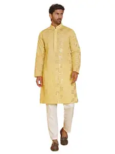 Jompers Embroidered & Sequins Kurta Pyjama (Yellow, L)