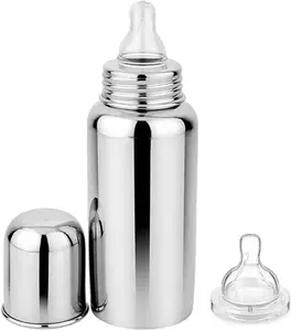 KINDAR CARE Baby'S Premium Steel Feeding-Bottle | Silver | Pack of 2 Nipples | 260 Ml