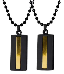 Adhvik (Set Of 2 Pcs Unisex Black & Golden Color Stainless Steel Cool Geometric Rectangle Shape Single Late Unique Design Pendant Locket Necklace With Ball Chain