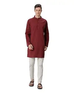 Cavallo by Linen Club Men's Cotton Linen Red Solid Full Sleeve Kurta