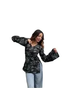 Garg ENTERPRISE'S Women's Square Neck Full Flutter Sleeves Regular Fit Waist Length Short Kurti_Black_21