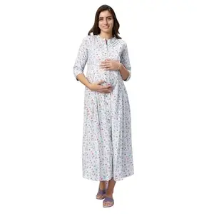MAMMA'S MATERNITY Light Blue Floral Rayon Maternity/Feeding/Nursing Long Dress - (MMLBLFLWD2969-M)