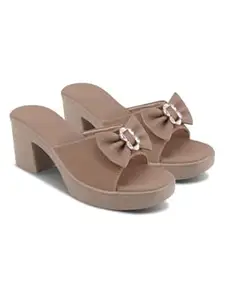 SELFIEE Women's Comfortable Stylish Bow Detail with Crystal Stone Textured Block Heel Sandals