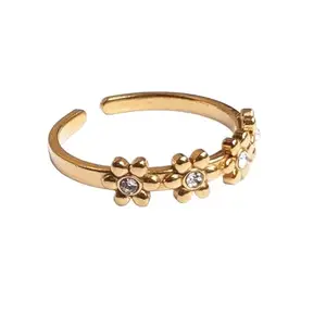Dainty Floral Finger Ring with Crystal Stones, Gold-Plated, Adjustable