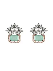 Priyaasi Floral Mint Green AD Rose Gold-Plated Earrings