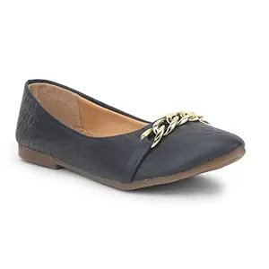 MEHNAM Texture Front Chain Stylish Bellies Shoes | Pull on Casual Ballerina with Durable Sole for Women Navy Blue