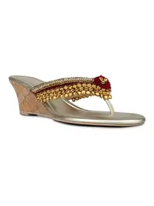 Inc.5 Womens Gold Ethnic Embellished Round Toe Wedge Heels