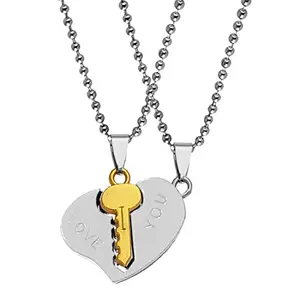 M Men Style Valentine Gift Matching Puzzle Lock And Key Couple Heart Rhodium Blue And Silver Zinc And Metal Pendant Necklace Chain For Men And Women SPn2022528