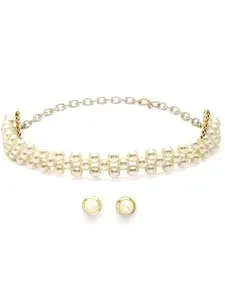 Karatcart Gold Plated Kundan Pearl Beaded Jali Choker Necklace for Women