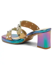 Bruno Manetti Women's Multi Slipon Back Open Square Toe Upper Gold Stone Comfort Heels