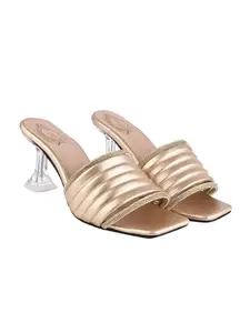 Shoetopia Embellished Metalic Golden Block Heels For Women & Girls /UK4