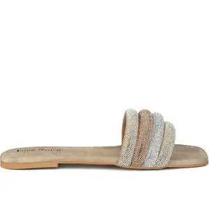 LOUIS STITCH Women’s Fashion Flat Slip-On Sandals | Open Toe Beige Glitter Strap Flat Slipper for Ladies, Comfortable Slipper | LSOF-LDSL-GLFSGD | (UK-6)