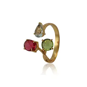 El Joyero Brass Gold Plated Handmade Prong Sett Ring | Peridot & Pink Fuchsia & Swiss Blue Topaz Adjustable Band Ring | Gemstone Round & Oval & Pear Shape Three Stone Jewelry | 1830 3F