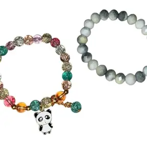 Beaded Bracelets Set, Multicolour Crystal with Panda Charm and Grey Faceted Stone, Pack of 2