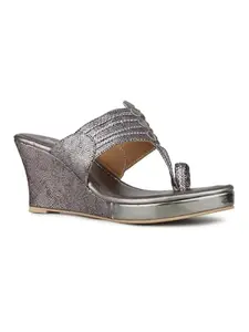 Inc.5 Women Pewter Ethnic Embellished Round Toe Wedge Heel Sandals