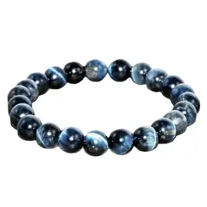 RRJEWELZ Natural Hawks Eye Round Shape Smooth Cut 8mm Beads 7.5 inch Stretchable Bracelet for Healing, Meditation, Prosperity, Good Luck | STBR_04019
