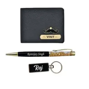 YOUR GIFT STUDIO Customized Stylish Mens Wallet + Pen + Metal Keychain (Black)