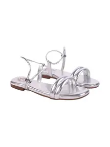 Shoetopia Embellished Backstrap Silver Flat Sandals For Women & Girls