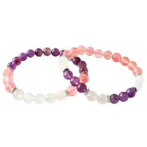 RRJEWELZ Moonstone Amethyst & Pink Quartz 8mm Round Smooth beads Long Distance Couples Love Friendship Combo Bracelet Set - Couples Relationship 6 inch Stretchable Bracelets set|RR_CPBR_222_6