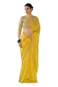 RANGPOSHAK Yellow Embroidered Orgenza Saree with Heavy Floral Work & Matching Blouse | Wedding & Festive Saree for Women