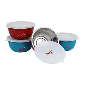HOMEISH HOMEISH Microwave Safe Stainless Steel Plastic Coated Bowl Set, Serving Bowl of 4 with Lids for Re-Heating, Snacks, Curries, Storage - Red x 2, Turquoise x 2 (14 cms x 7 cms, Approx. 500 ml Each)