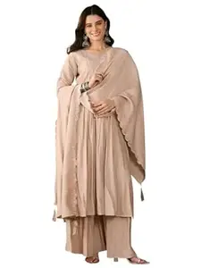 Naixa Women's Silk with Cotton Lining Embroidered Flared Kurta with Pant and Dupatta Sets (NX-892)