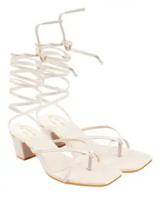 Shoetopia Elegant Cream Block Heel Sandals with Gladiator Detail | Chic Lace-Up Straps | Comfortable Summer Footwear for Women EU36