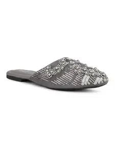 Inc.5 Women Grey Colourblocked Embellished Ethnic Mules Flats