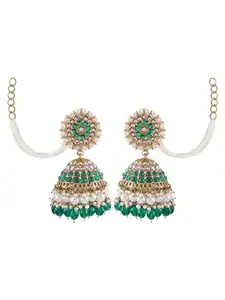 Crunchy Fashion Kundan Pearl Heavy Jhumka Ear Chain Green Women Earrings - Ethnic, Gold Plating, Ball Drops for Summer Spring Festival, Party & Gift